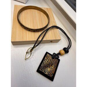 Vintage Brass Bangle & Black Cord Necklace With Textured Pendant And Wooden Bead